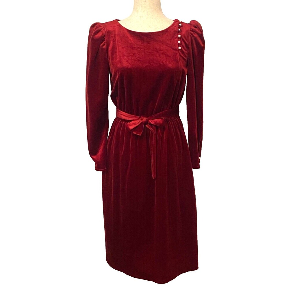 Vtg Red Velvet Long Sleeve Dress Size 9/10 Holiday Formal Xmas Midi Belted USA